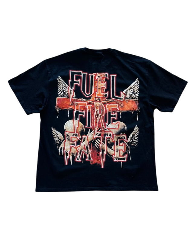 Black t-shirt with graphic design and text on a white background