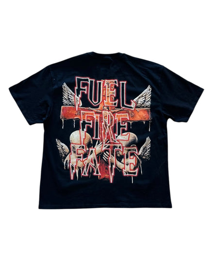 Black t-shirt with graphic design and text on a white background