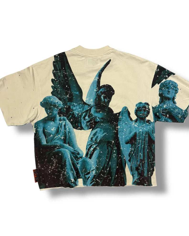 T-shirt with angel statue design on a beige background