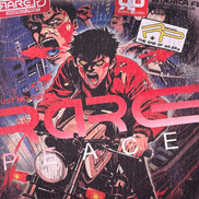 Illustration of a character on a motorcycle with 'RARE' branding and text in the background.