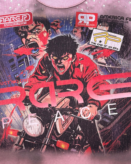 Illustration of a character on a motorcycle with 'RARE' branding and text in the background.