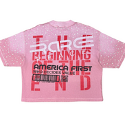 Pink t-shirt with text design on a white background