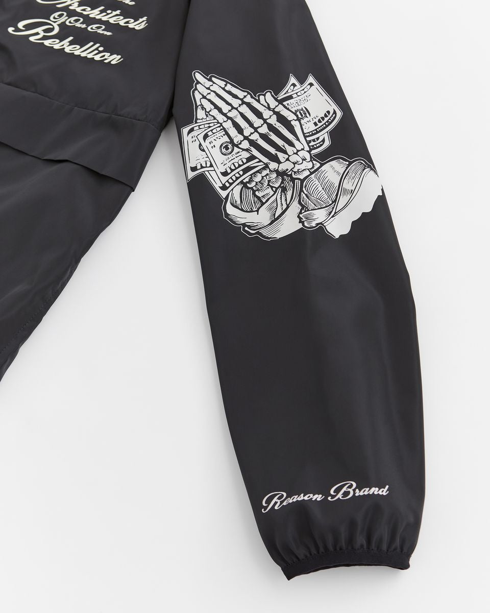 Black pants with white graphic design and text on a white background