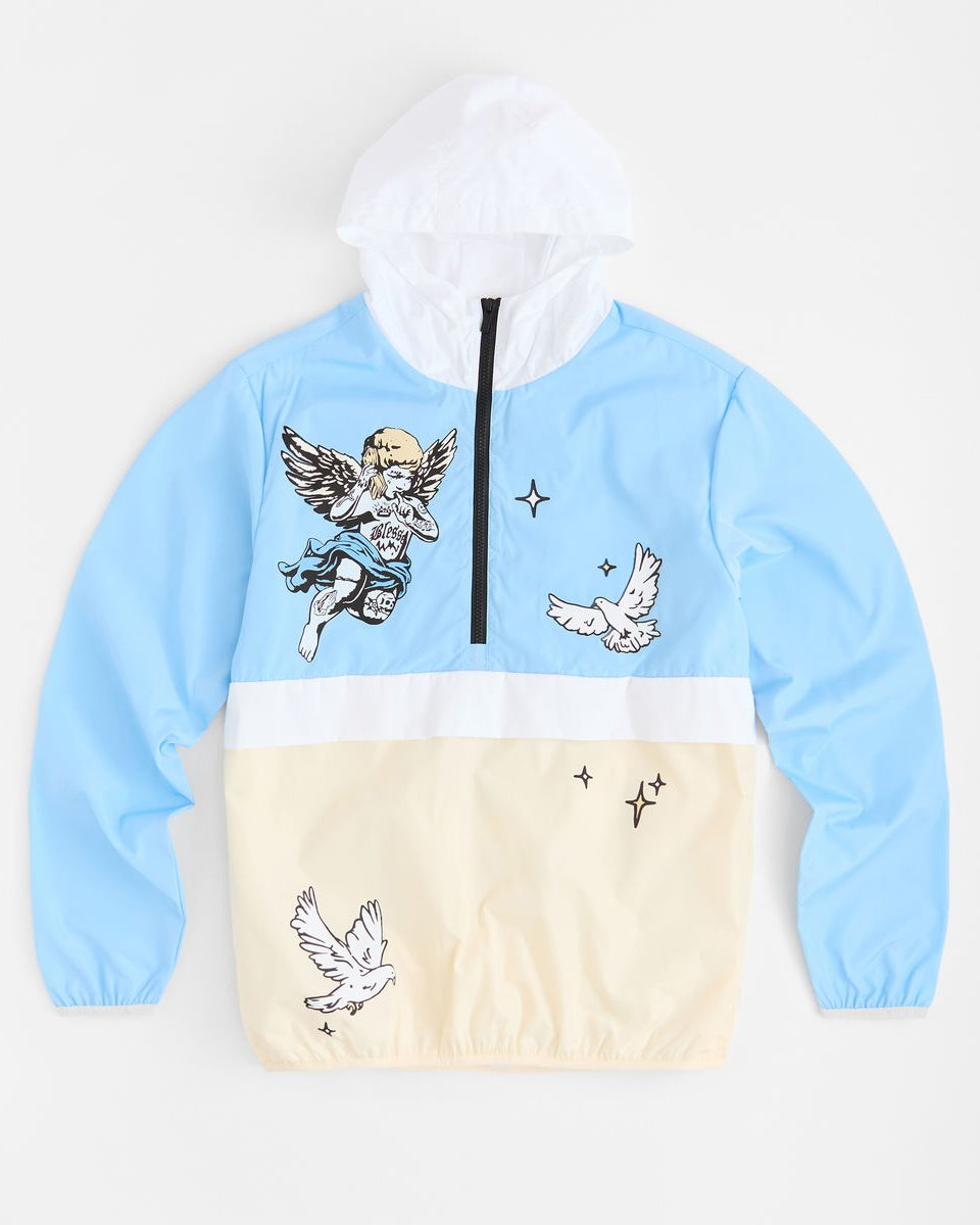 Light blue and beige jacket with angel and dove designs on a white background