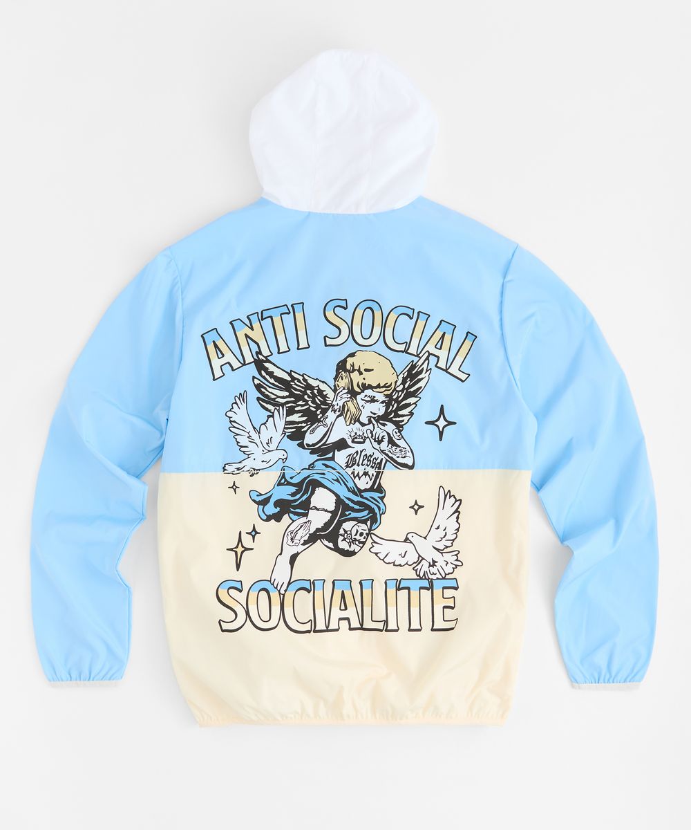 Light blue and beige jacket with 'Anti Social Socialite' graphic design on a white background