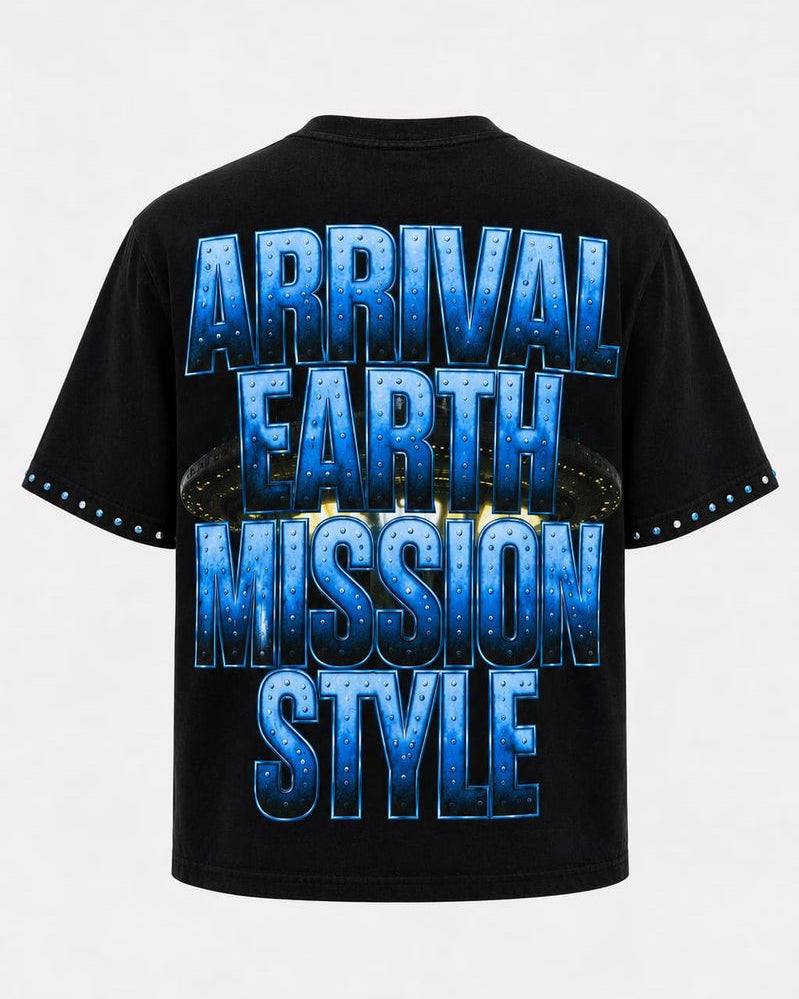 Black t-shirt with blue text 'Arrival Earth Mission Style' on a white background