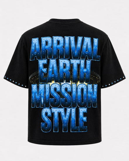 Black t-shirt with blue text 'Arrival Earth Mission Style' on a white background