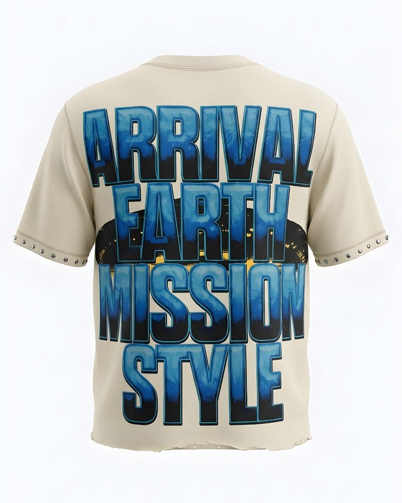 Beige t-shirt with blue and black text on a white background