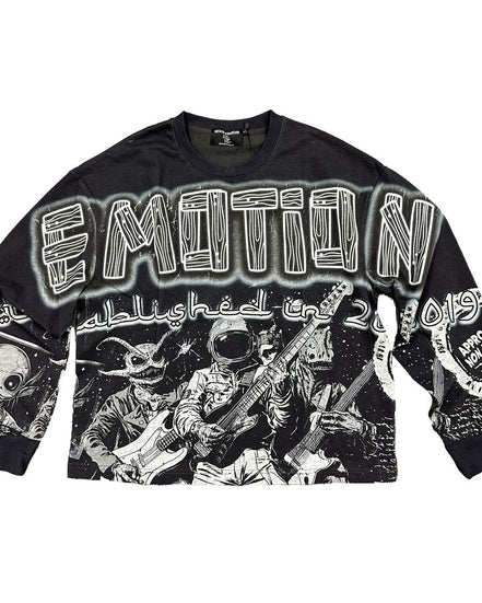 Graphic long sleeve washed black in color with white graffiti graphics. 