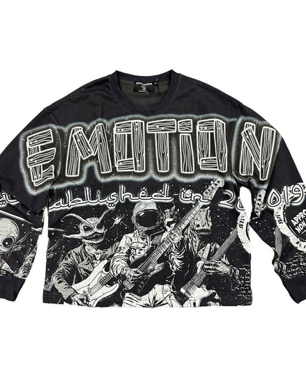 Graphic long sleeve washed black in color with white graffiti graphics. 