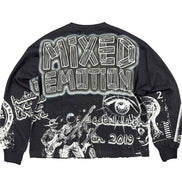washed black long sleeve with graffiti like graphics all over it. 