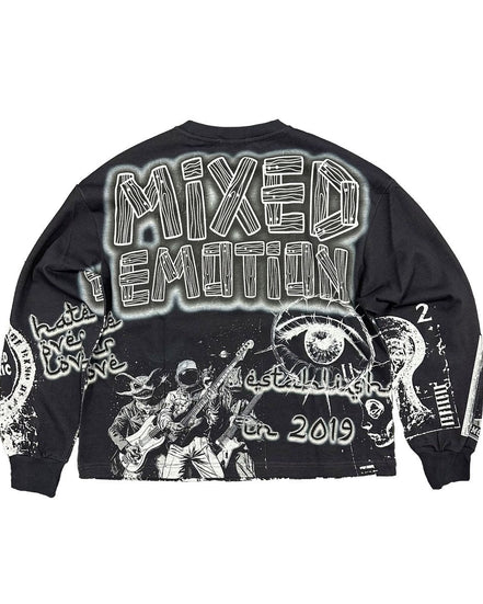 washed black long sleeve with graffiti like graphics all over it. 