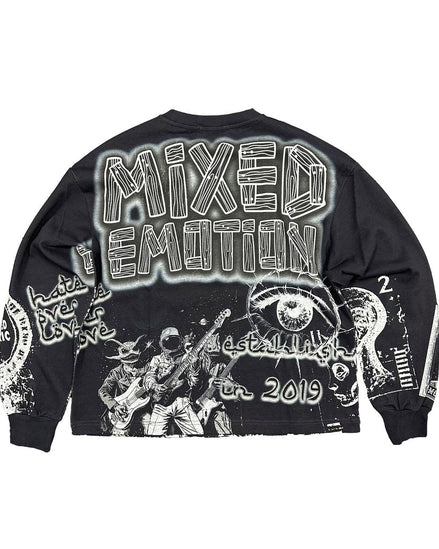 washed black long sleeve with graffiti like graphics all over it. 