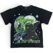 Black t-shirt with green graphic design on a white background