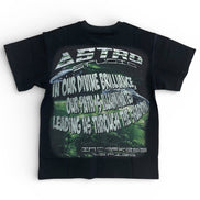 Black t-shirt with graphic design and text on a white background