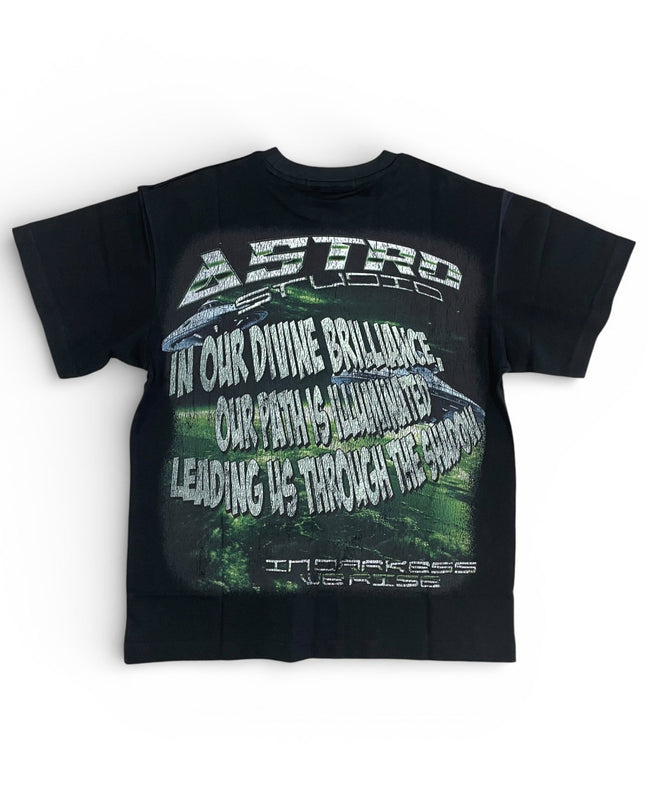 Black t-shirt with graphic design and text on a white background