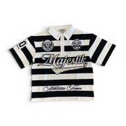 Black and white striped polo shirt with 'Majestic Athletic Team' text on a white background