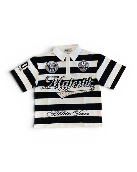 Black and white striped polo shirt with 'Majestic Athletic Team' text on a white background