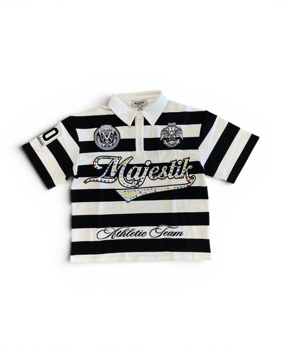Black and white striped polo shirt with 'Majestic Athletic Team' text on a white background