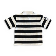 Black and white striped polo shirt on a white background