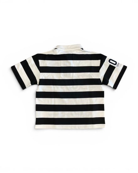 Black and white striped polo shirt on a white background