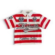 Red and white striped polo shirt with 'Majestic Athletic Team' text on a white background