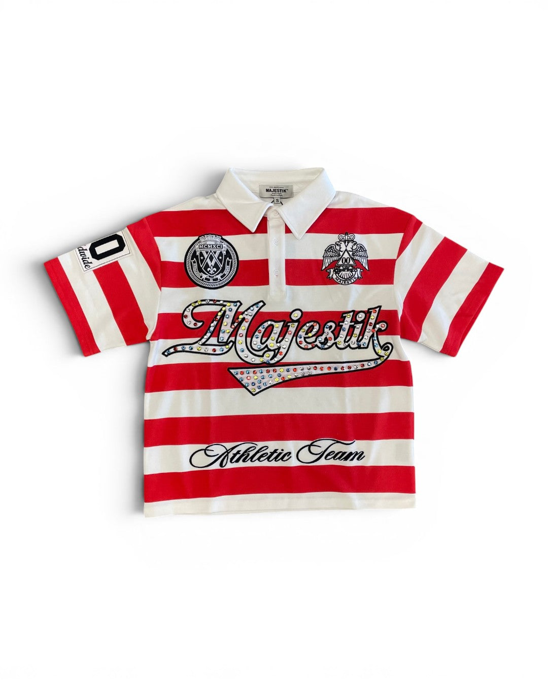 Red and white striped polo shirt with 'Majestic Athletic Team' text on a white background