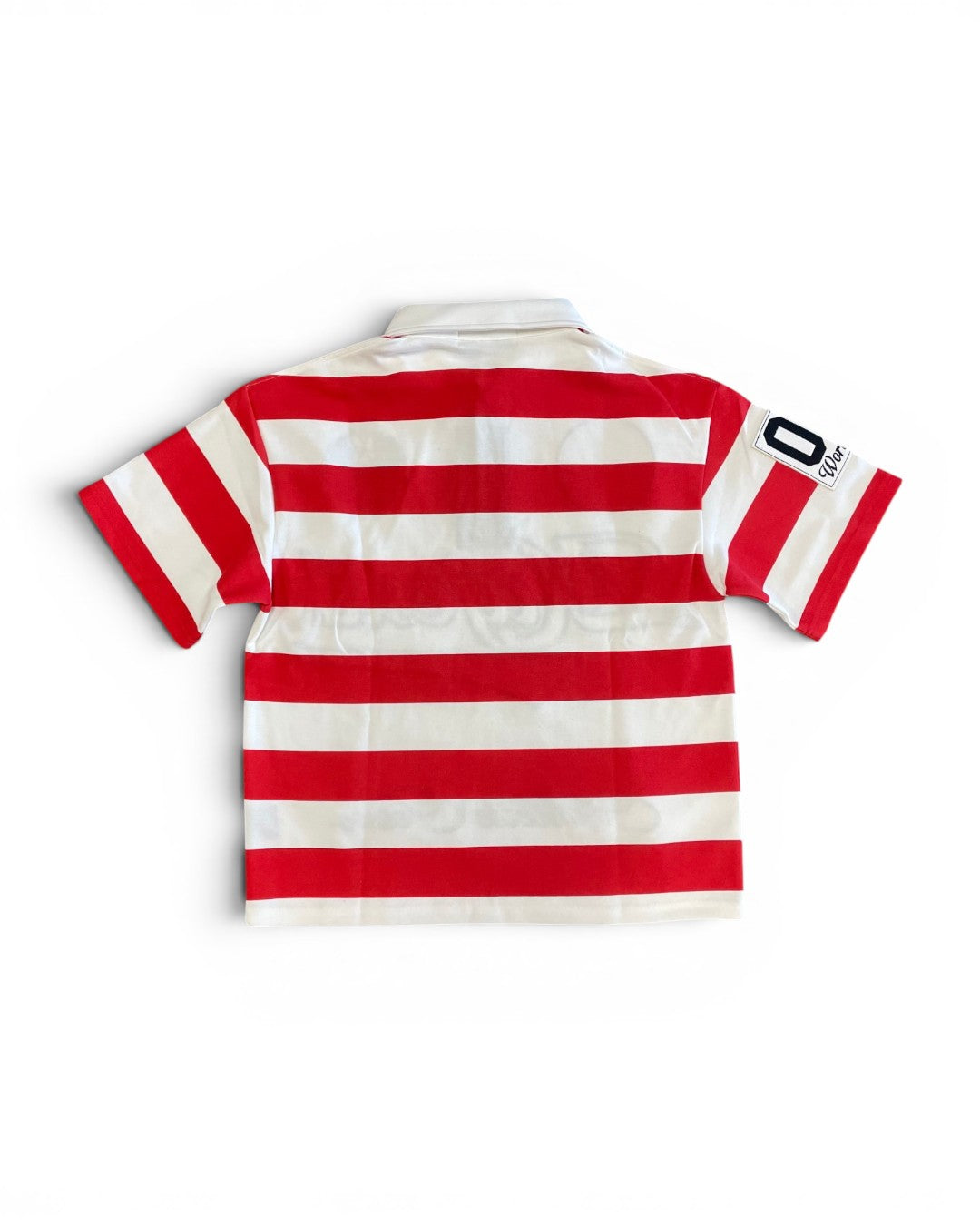 Red and white striped polo shirt on a white background