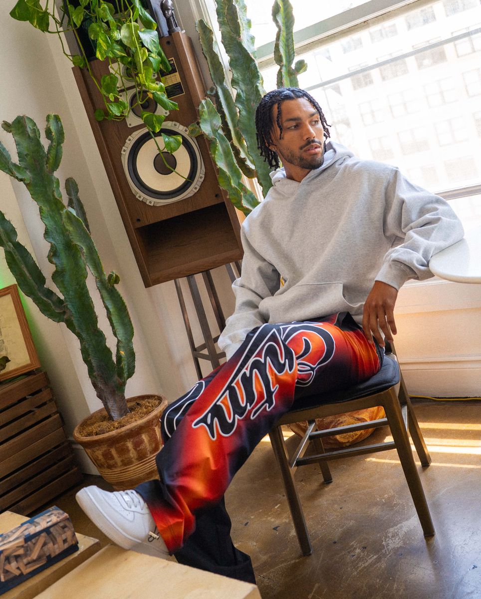 Person sitting in a room with plants and a speaker, wearing colorful pants and a gray hoodie.