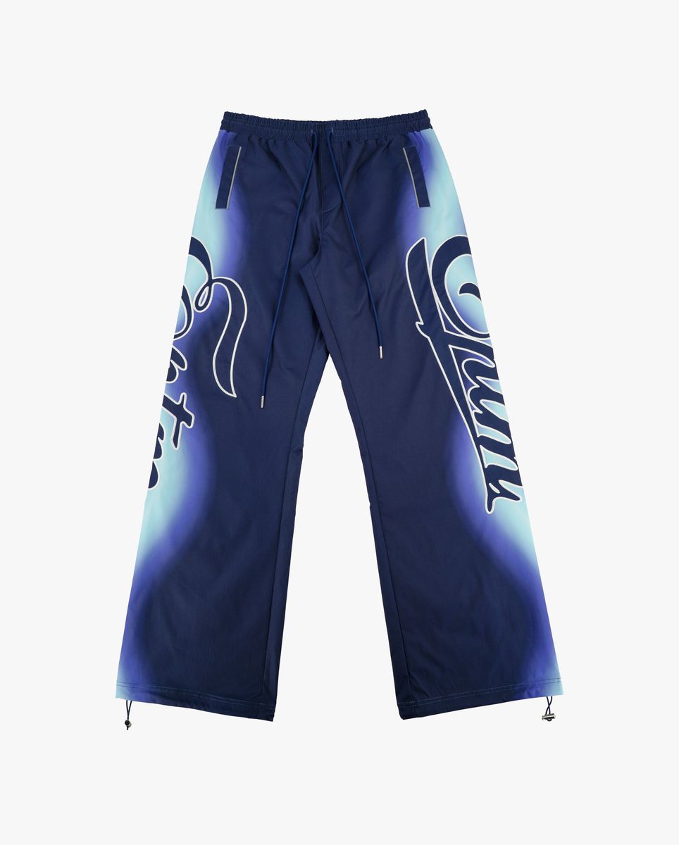 Blue pants with a brand logo on a white background