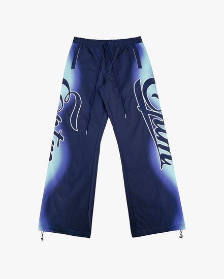 Blue pants with a brand logo on a white background