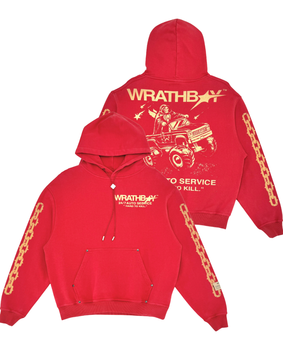 Red hoodie with gold and white graphics and text on a white background