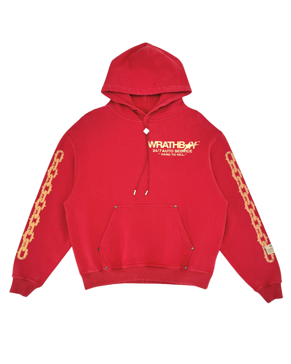Red hoodie with gold chain designs on sleeves and visible branding on a white background