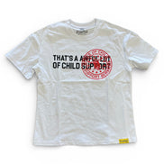 White t-shirt with text and graphic design on a white background