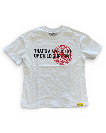 White t-shirt with text and graphic design on a white background