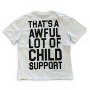 White t-shirt with black text on a white background