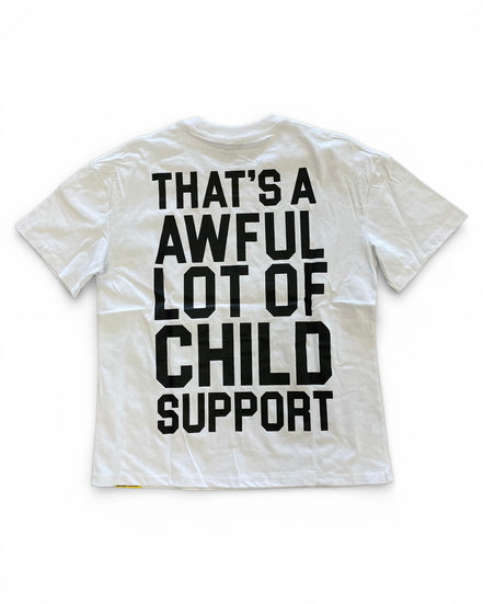 White t-shirt with black text on a white background