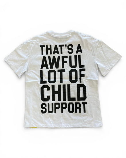White t-shirt with black text on a white background