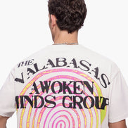 Person wearing a t-shirt with 'The Valabasas Awoken Minds Group' design on the back.