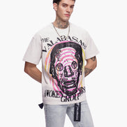 Person wearing a white t-shirt with graphic design and text on a white background