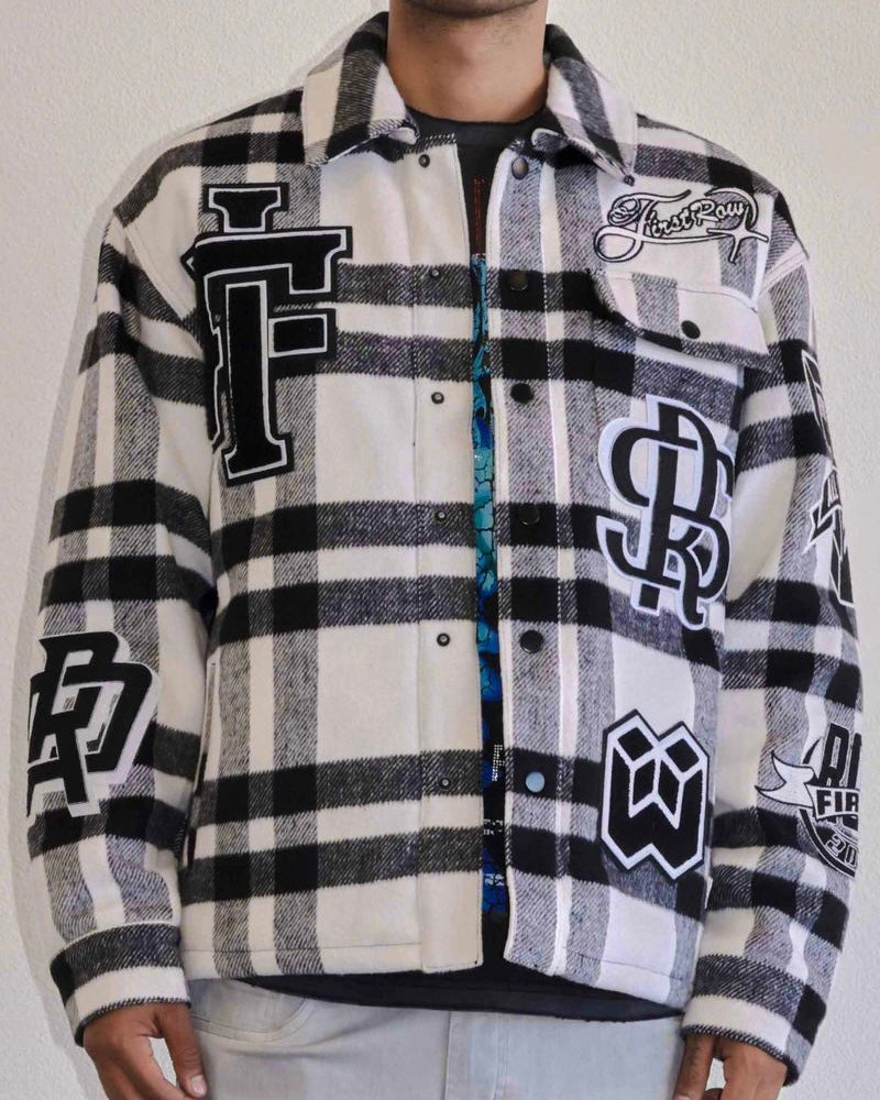 First row black and white all over logo shacket 