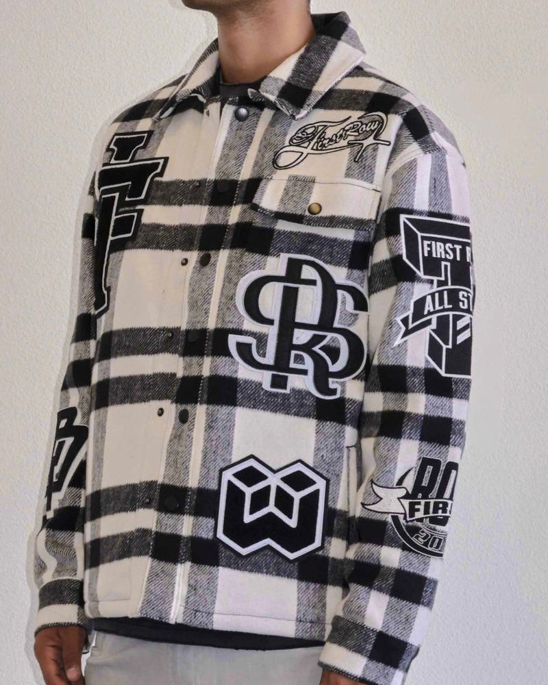 First row black and white all over logo shacket 