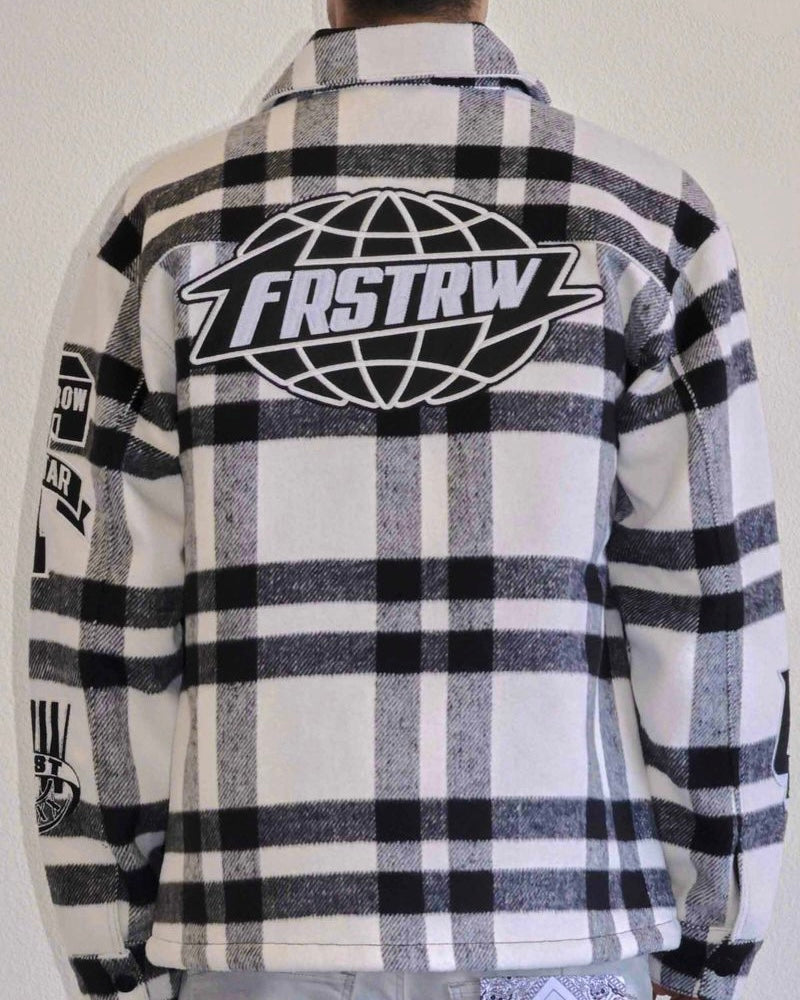 First row black and white all over logo shacket 