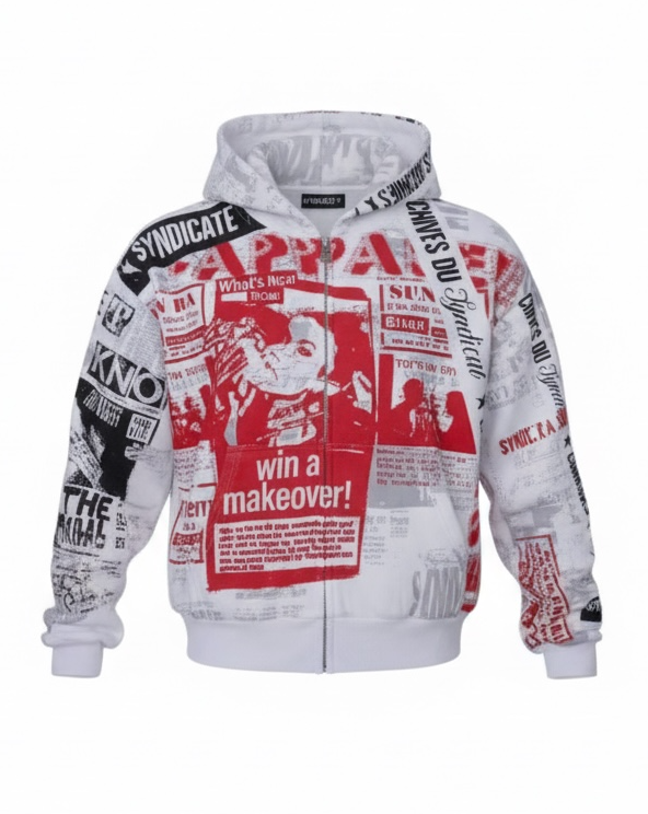 White hoodie with red and black text and graphics on a white background