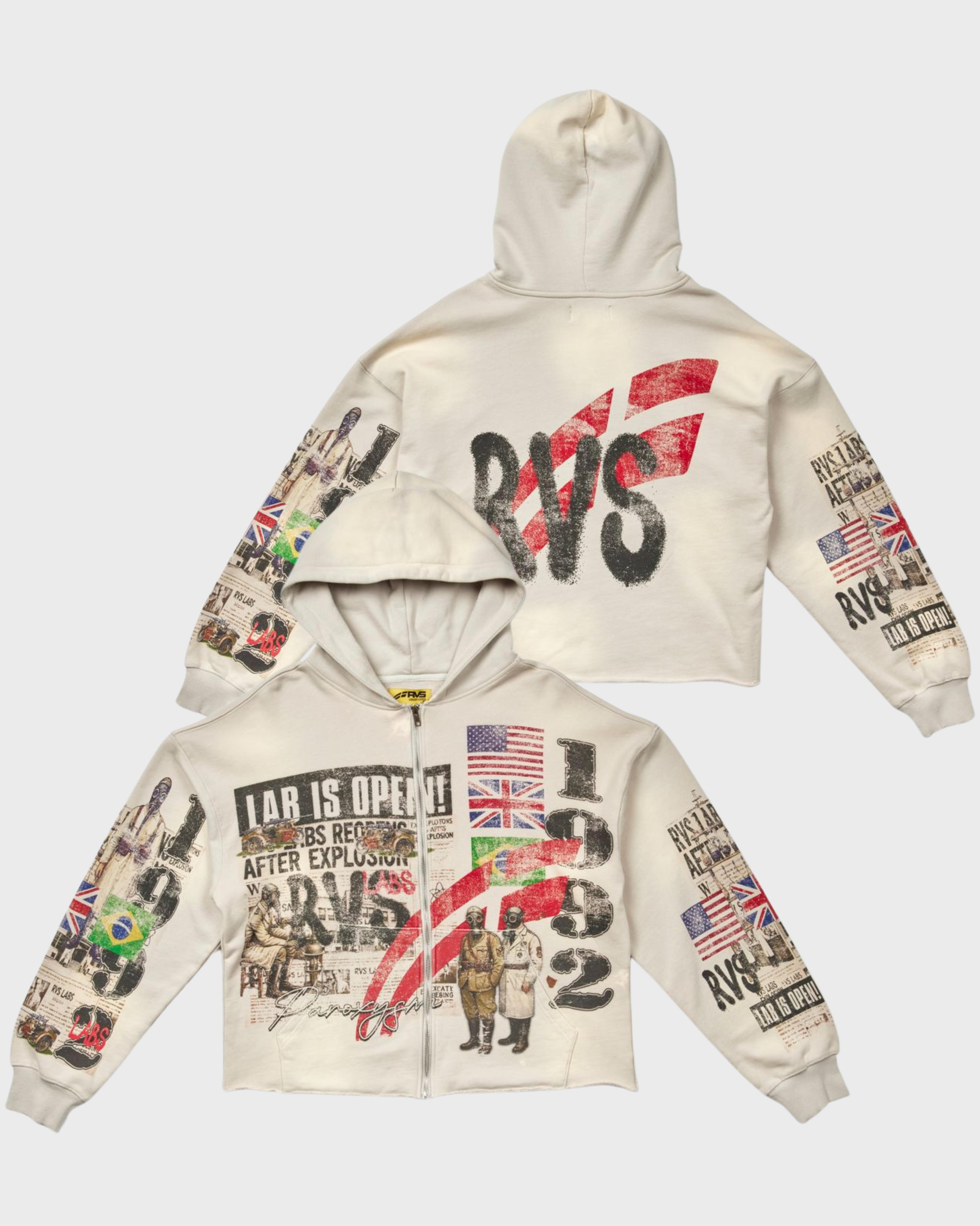 article zip-up hoodie by RVS labs in off-white