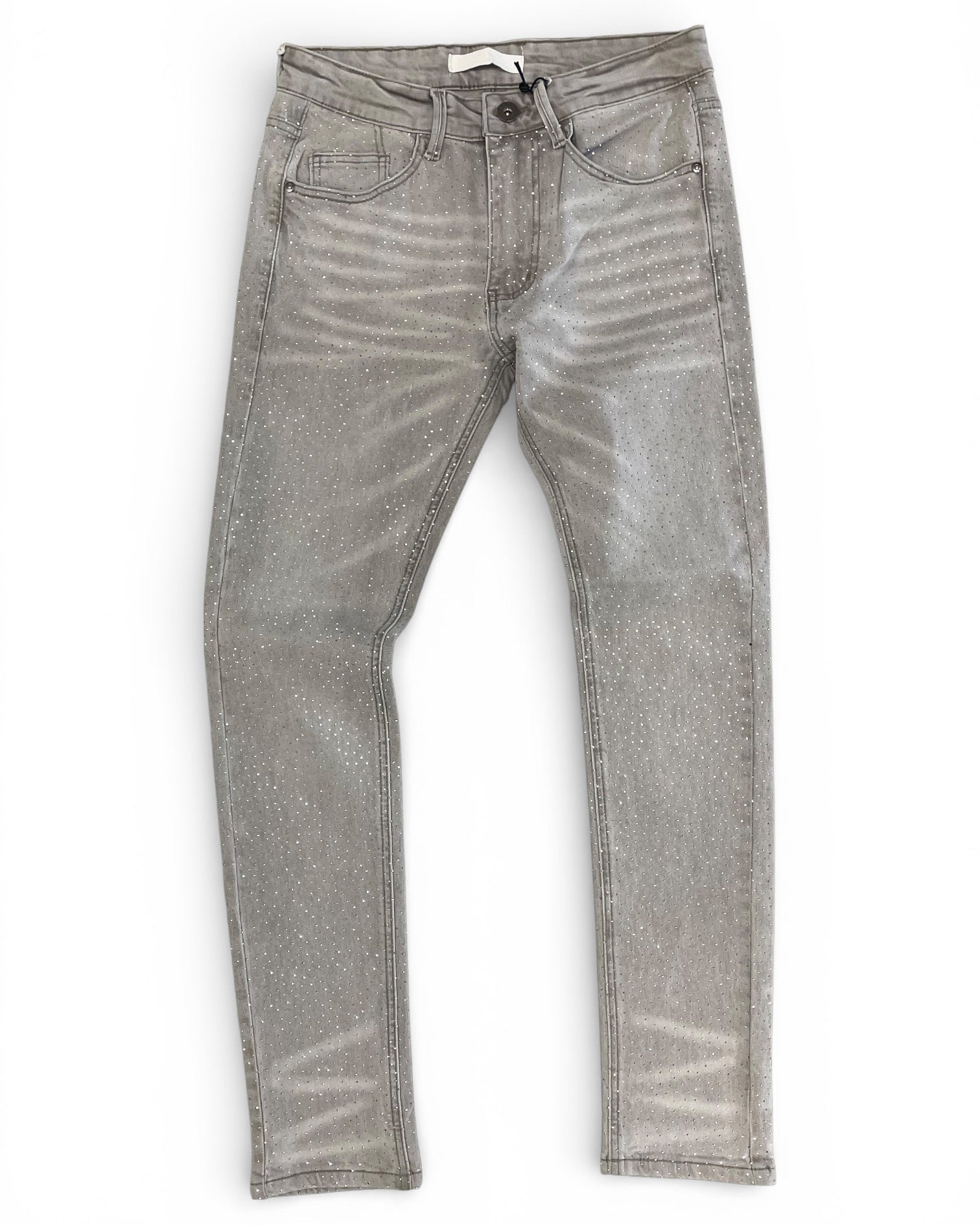 Gray RHINESTONE jeans on a white background