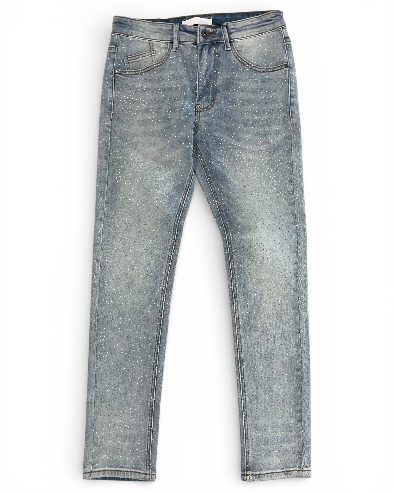 Pair of light blue jeans on a white background