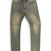 Pair of TINTED BLUE jeans WITH RHINESTONES on a white background