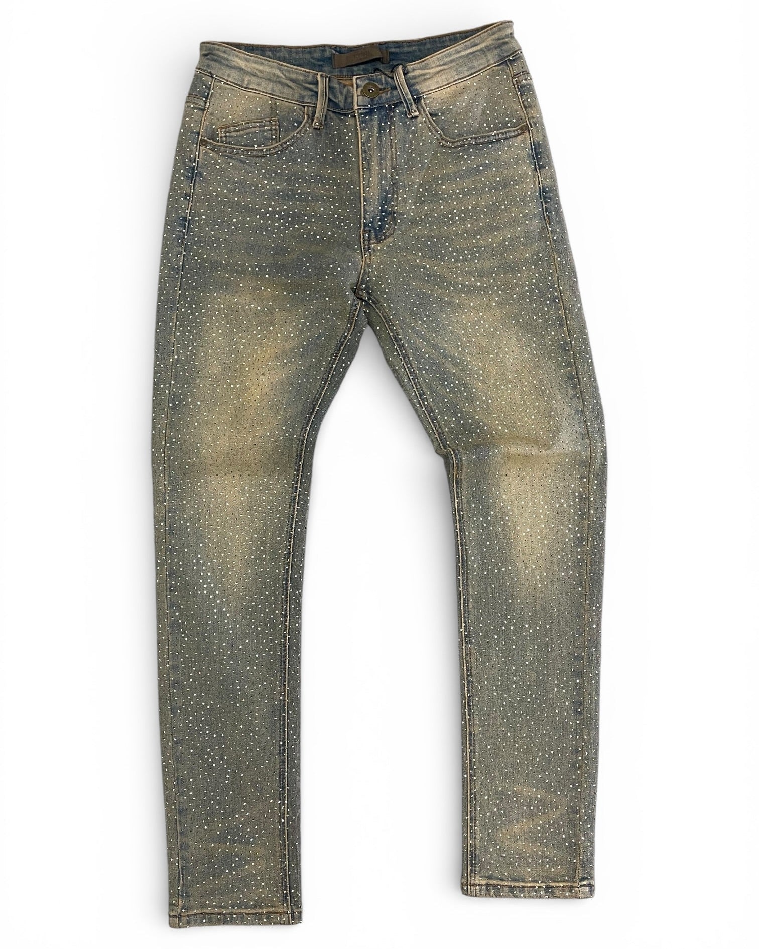 Pair of TINTED BLUE jeans WITH RHINESTONES on a white background