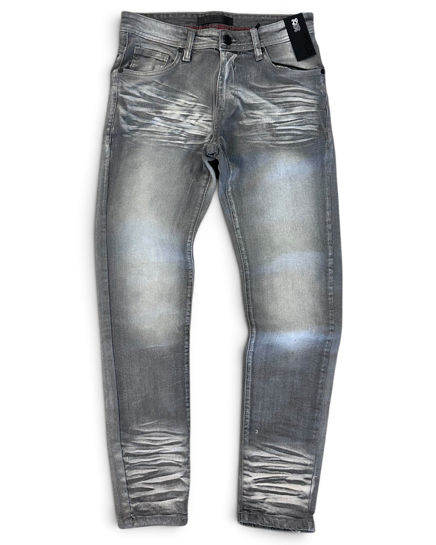 Distressed gray denim jeans with a faded wash and ripped detailing, shown flat against a white background.